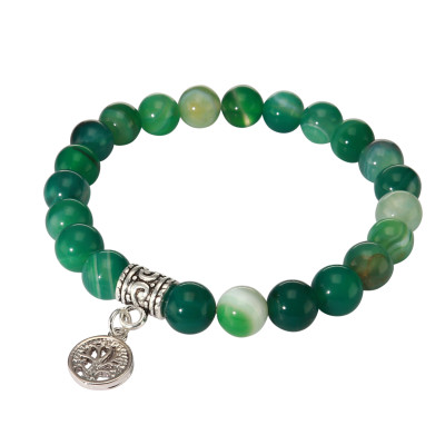 Bracelet Agate Verte Teintée 8mm et Breloque Arbre de Vie en métal