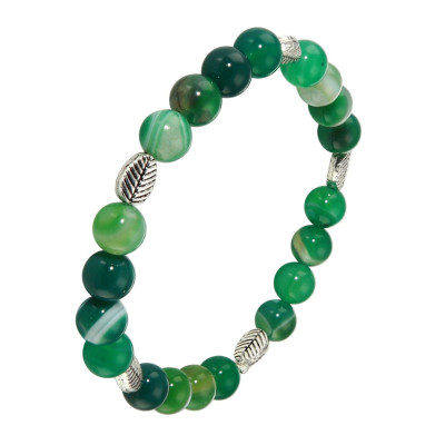 Bracelet Agate Verte Teintée 8mm et Motif Feuille en métal