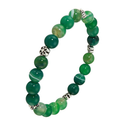 Bracelet Agate Verte Teintée 8mm et Motif Fleur en métal