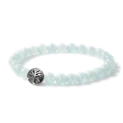Bracelet Aigue Marine 8mm et Arbre de vie en Acier