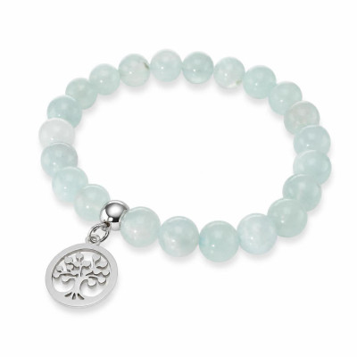 Bracelet Aigue Marine 8mm et Breloque Arbre de Vie en acier
