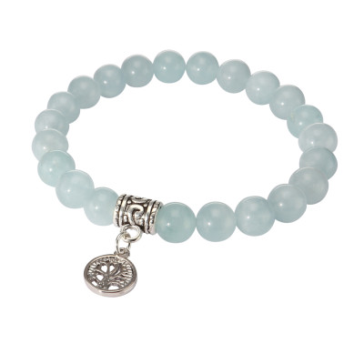 Bracelet Aigue Marine 8mm et Breloque Arbre de Vie en métal