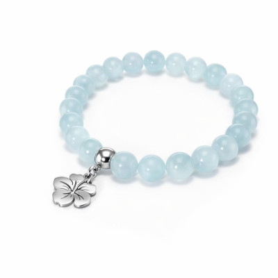 Bracelet Aigue Marine 8mm et Breloque Hibiscus en Acier