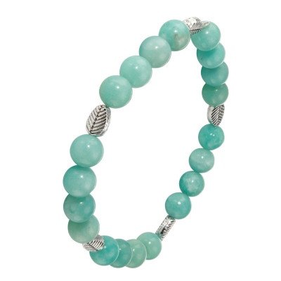 Bracelet Amazonite 8mm et Motif Feuille en métal
