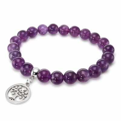 Bracelet Améthyste 8mm et Breloque Arbre de Vie en acier