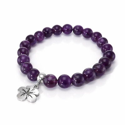 Bracelet Améthyste 8mm et Breloque Hibiscus en Acier