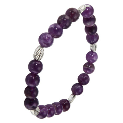 Bracelet Améthyste 8mm et Motif Feuille en métal