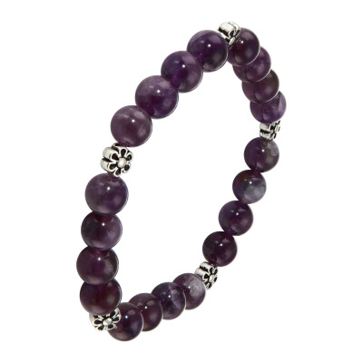 Bracelet Améthyste 8mm et Motif Fleur en métal
