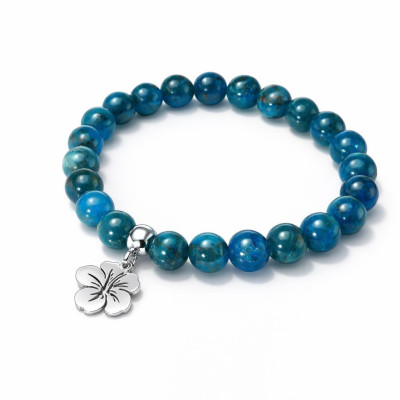 Bracelet Apatite 8mm et Breloque Hibiscus en Acier