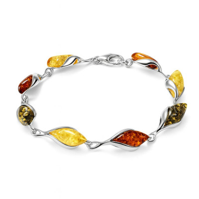 Bracelet Argent 925 Ambre Multicolore Navette 13x6mm