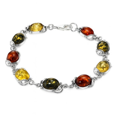 Bracelet Argent  Ambre Multicolore 10mm x 18cm