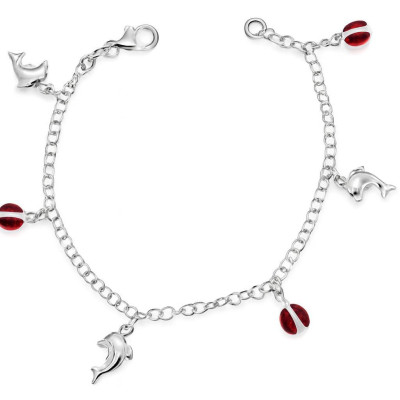 Bracelet Argent 925/1000 Avec Breloques Dauphins & Cœurs - Occasion Élégant