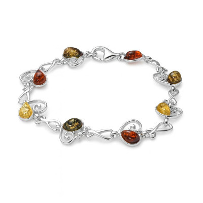 Bracelet Argent  Coeur et Ambre Multicolore 11mm x 18cm