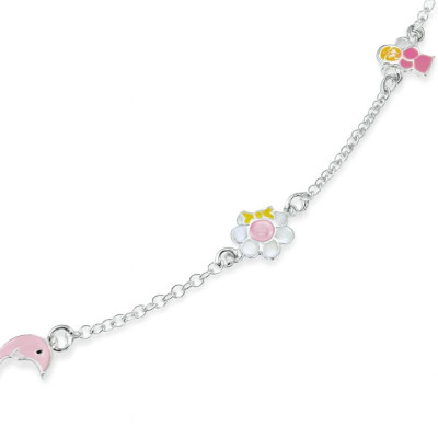 Bracelet Argent  Enfant Emaillé Lune Fleur Ange