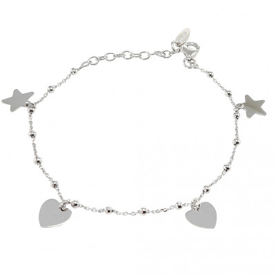 Bracelet argent rhodié breloques coeurs et étoiles