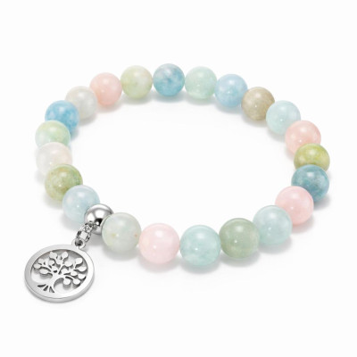 Bracelet Béryl Multicolore 8mm et Breloque Arbre de Vie en acier
