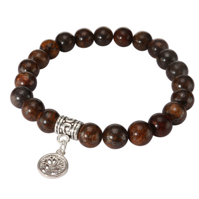 Bracelet Bronzite 8mm et Breloque Arbre de Vie en métal