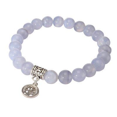 Bracelet Calcédoine 8mm et Breloque Arbre de Vie en métal