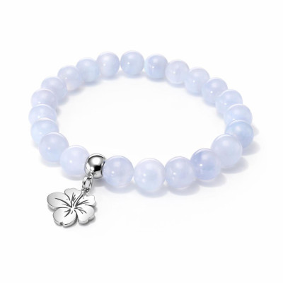 Bracelet Calcédoine 8mm et Breloque Hibiscus en Acier