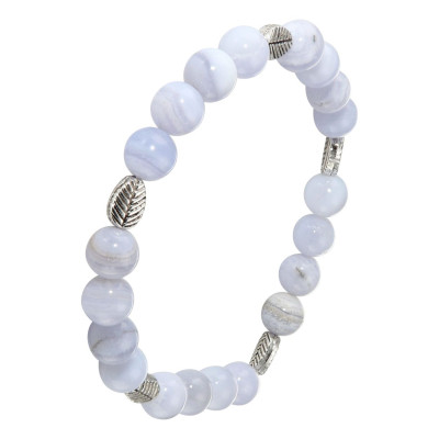 Bracelet Calcédoine 8mm et Motif Feuille en métal