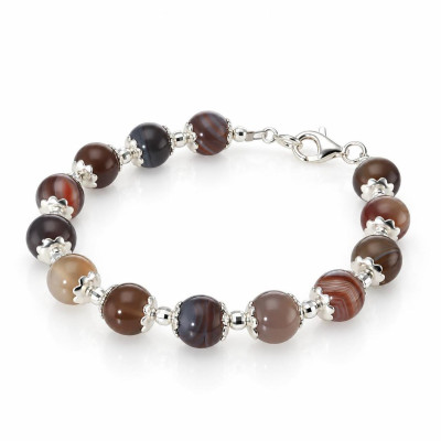 Bracelet Calottes Fleur en Argent 925 et Agate Botswana 8mm x 19cm