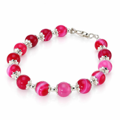 Bracelet Calottes Fleur en Argent 925 et Agate Rose Teintée 8mm x 19cm