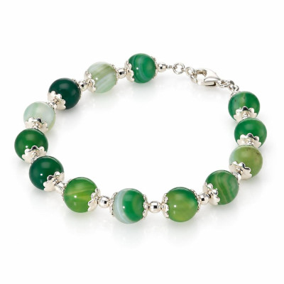 Bracelet Calottes Fleur en Argent 925 et Agate Verte Teintée 8mm x 19cm