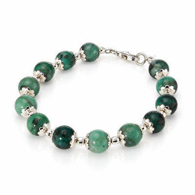 Bracelet Calottes Fleur en Argent 925 et Émeraude 8mm x 19cm