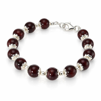 Bracelet Calottes Fleur en Argent 925 et Grenat 8mm x 19cm