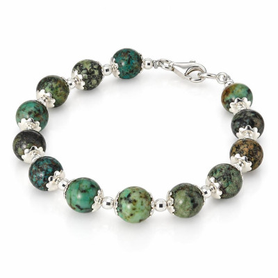 Bracelet Calottes Fleur en Argent 925 et Jaspe Africain 8mm x 19cm