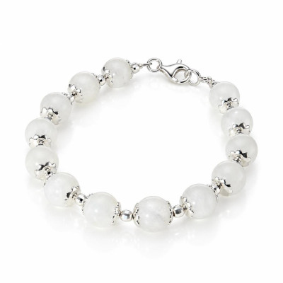 Bracelet Calottes Fleur en Argent 925 et Labradorite Blanche 8mm x 19cm