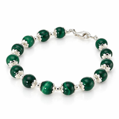 Bracelet Calottes Fleur en Argent 925 et Malachite 8mm x 19cm