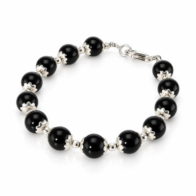 Bracelet Calottes Fleur en Argent 925 et Onyx 8mm x 19cm