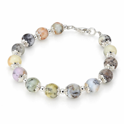 Bracelet Calottes Fleur en Argent 925 et Opale Dendritique 8mm x 19cm
