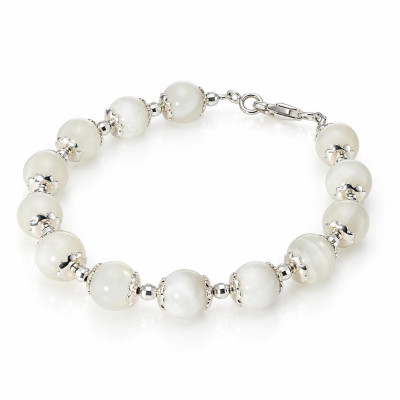 Bracelet Calottes Fleur en Argent 925 et Pierre de Lune 8mm x 19cm