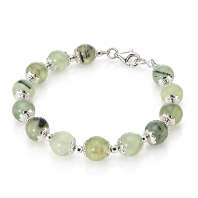 Bracelet Calottes Fleur en Argent 925 et Préhnite 8mm x 19cm