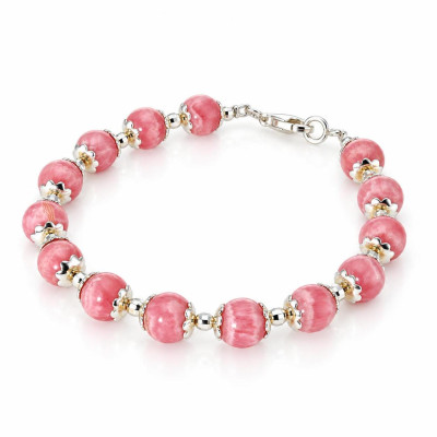 Bracelet Calottes Fleur en Argent 925 et Rhodochrosite 8mm x 19cm