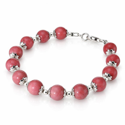 Bracelet Calottes Fleur en Argent 925 et Rhodonite 8mm x 19cm