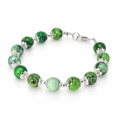 Bracelet Calottes Fleur en Argent 925 et Variscite 8mm x 19cm