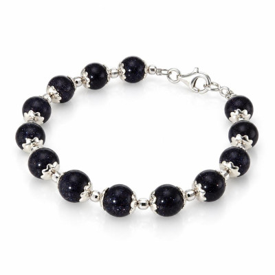 Bracelet Calottes Fleur en Argent 925 et Verre Cuivré Bleu 8mm x 19cm