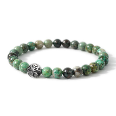 Bracelet Chrysocolle 8mm et Arbre de vie en Acier