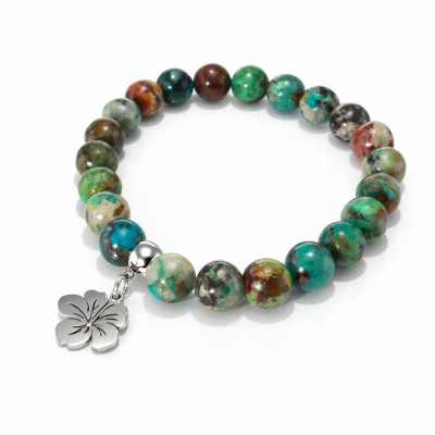 Bracelet Chrysocolle 8mm et Breloque Hibiscus en Acier