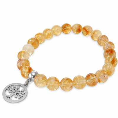 Bracelet Citrine 8mm et Breloque Arbre de Vie en acier