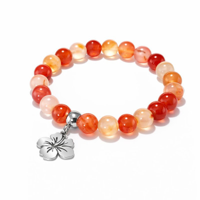 Bracelet Cornaline 8mm et Breloque Hibiscus en Acier