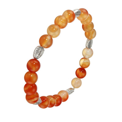 Bracelet Cornaline 8mm et Motif Feuille en métal