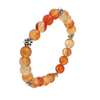 Bracelet Cornaline 8mm et Motif Fleur en métal