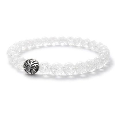 Bracelet Cristal de roche 8mm et Arbre de vie en Acier