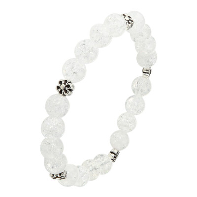 Bracelet Cristal de roche 8mm et Motif Fleur en métal