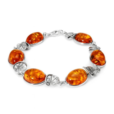 Bracelet en Argent 925 et Ambre Ovale  et Motifs Feuilles 12mm x 21cm
