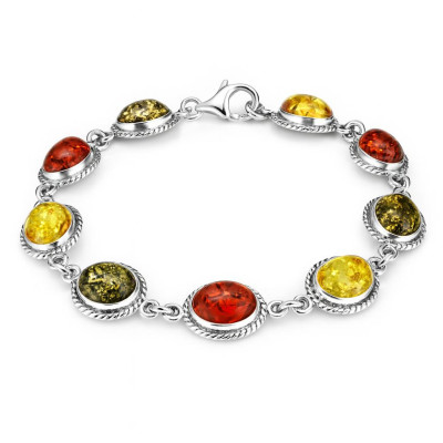 Bracelet en Argent 925 et Ambre Ovale Multicolore 10mm x 19.5cm